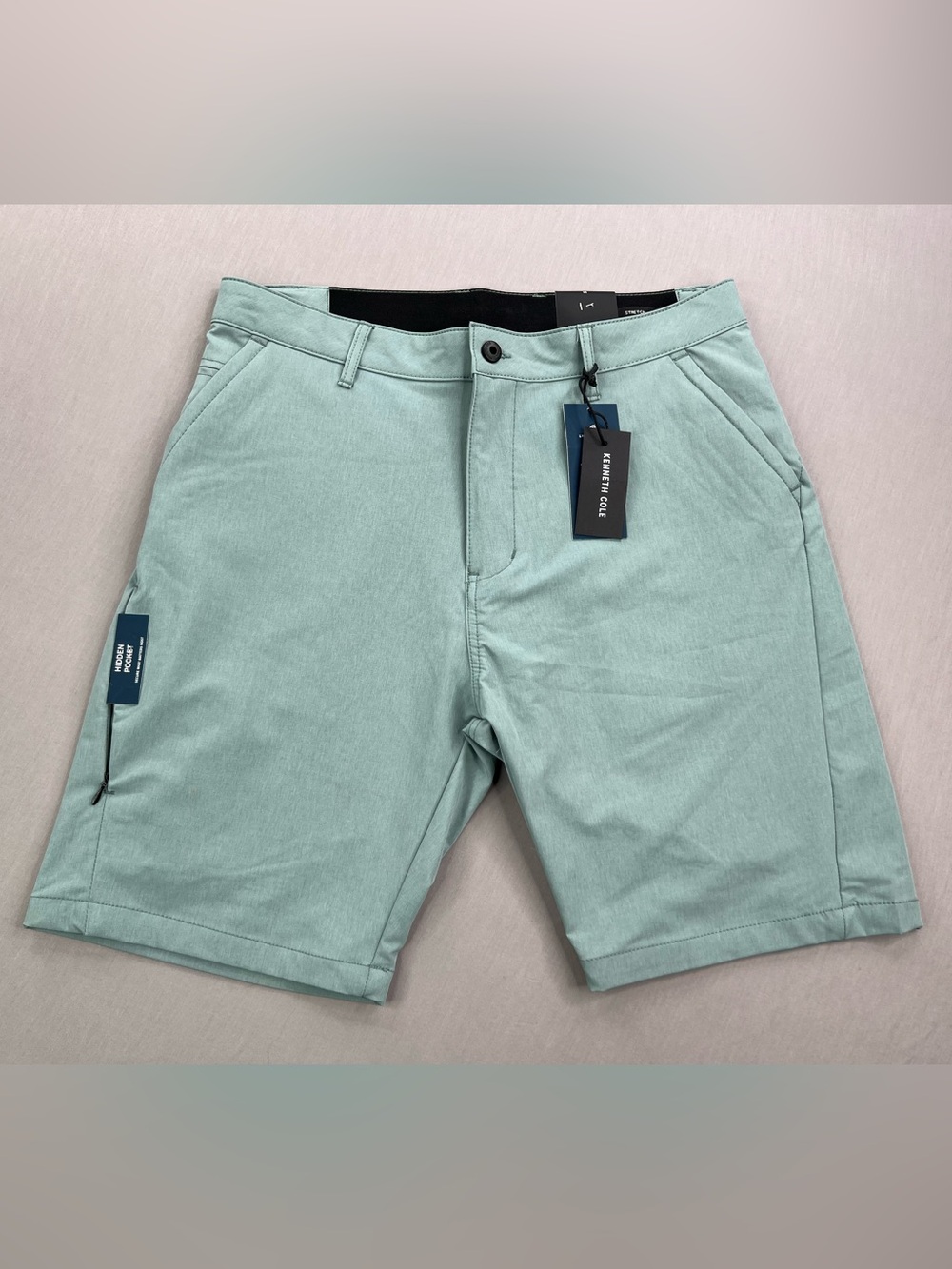 KENNETH COLE MENS SLIM FIT LIGHTWEIGHT 9” TECH SHORTS STORM BAY HEATHER